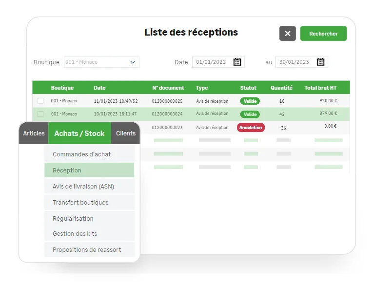 Le menu Achats et Stock de Clictill et la liste des réceptions de marchandises d'une boutique (capture fournie par Clictill)