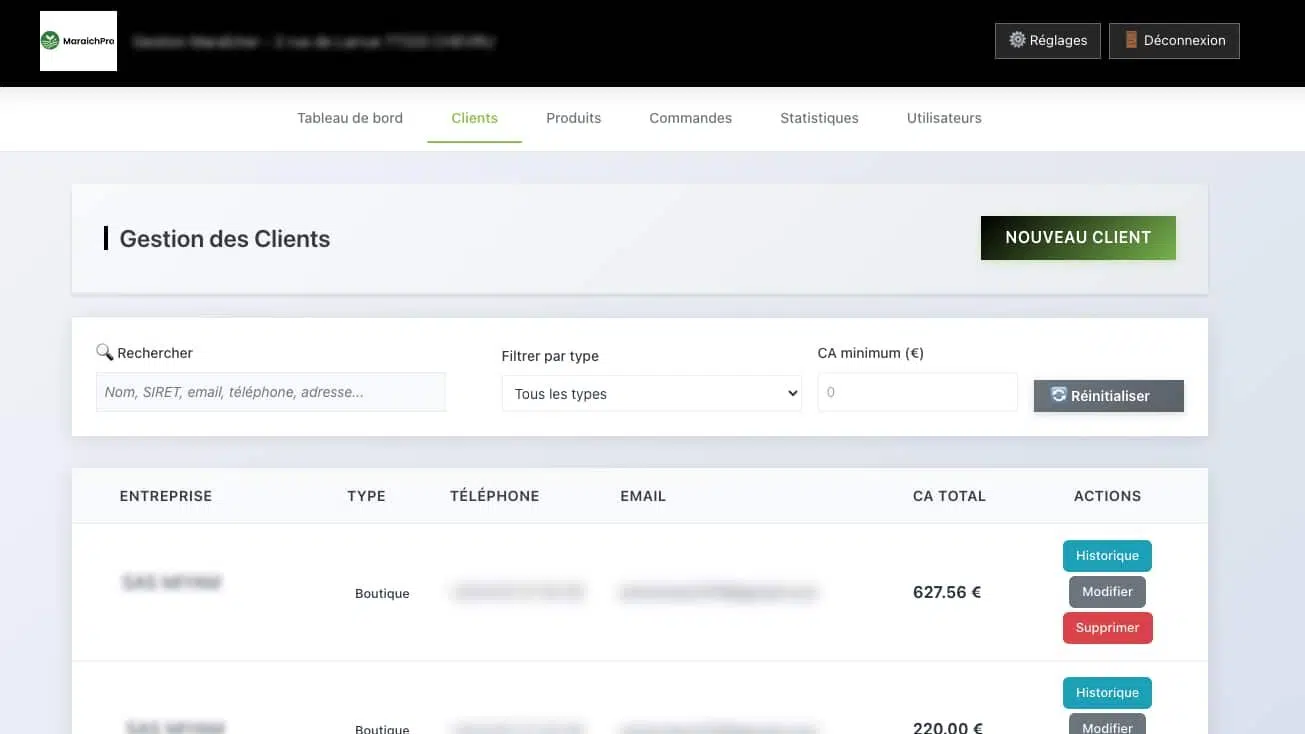 La gestion des clients dans MaraichPro, avec le type d’acheteur et le chiffre d’affaires cumulé