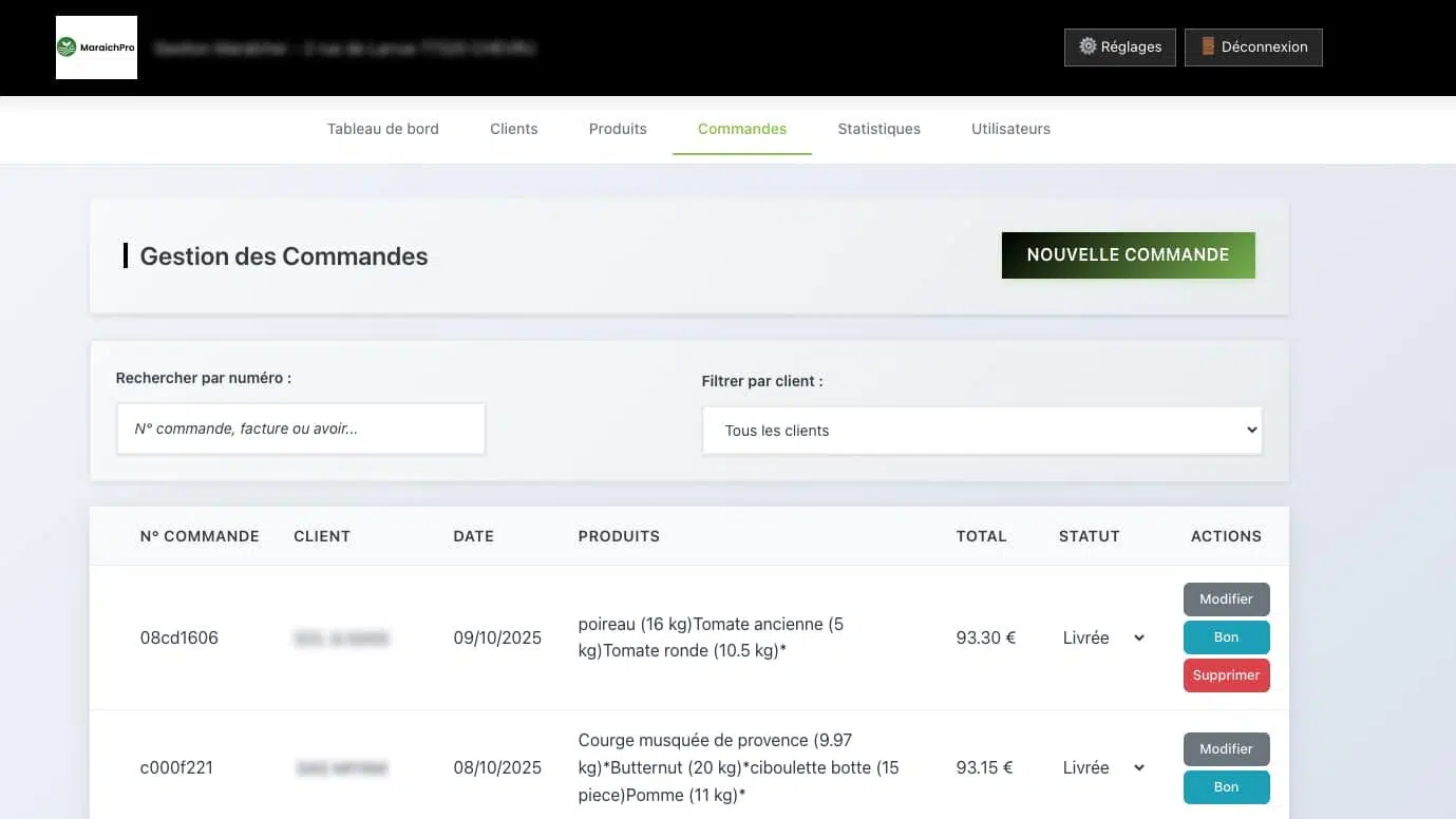 La gestion des commandes dans MaraichPro, avec le statut de livraison, le bon de livraison et la facture