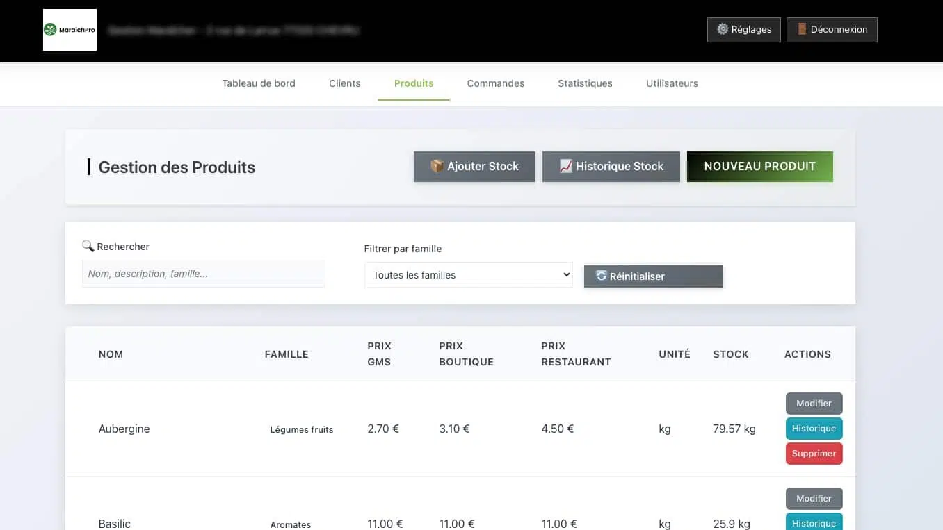 La gestion des produits dans MaraichPro : un prix par type de client (GMS, boutique, restaurant) et le stock