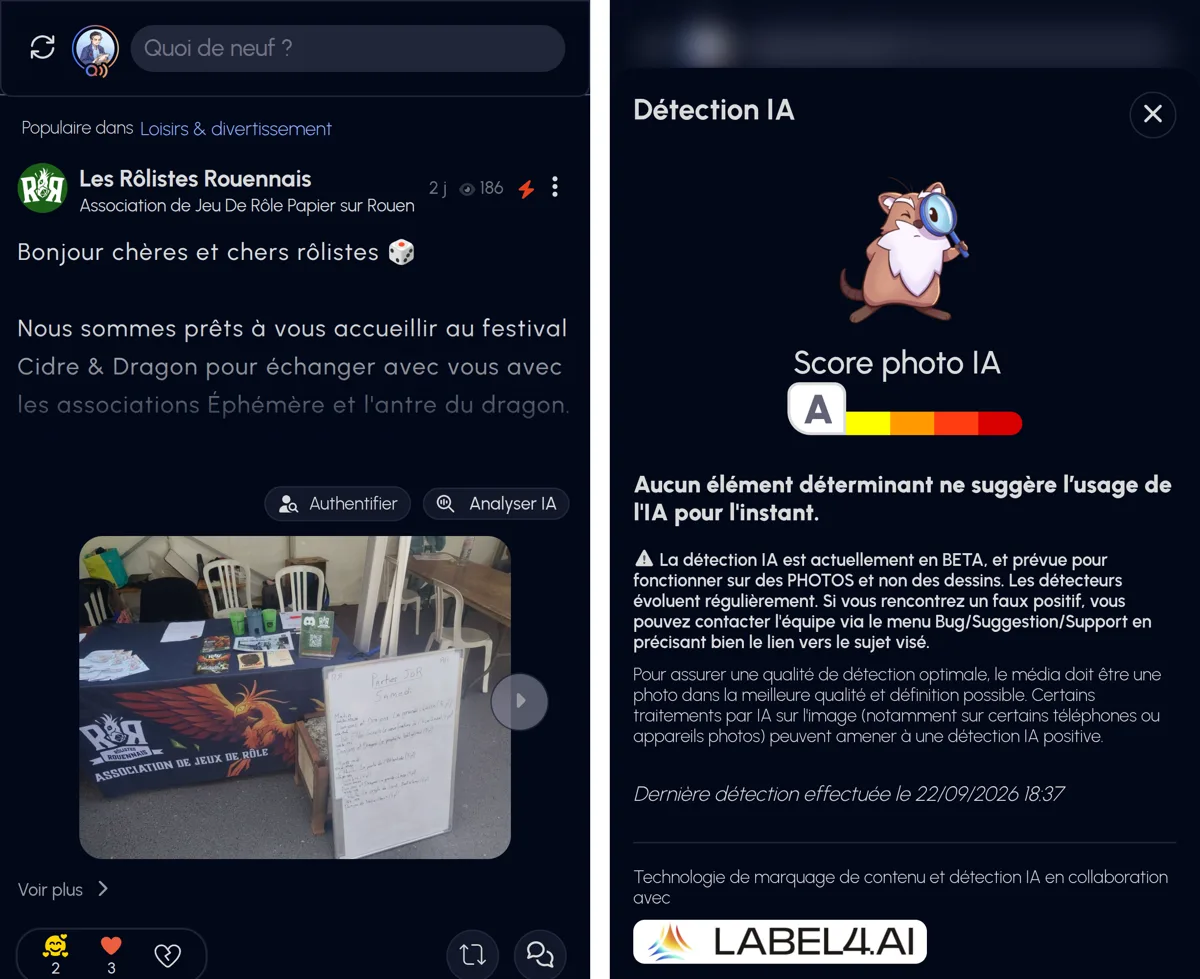 À gauche, les boutons « Authentifier » et « Analyser IA » sous une image publiée ; à droite, le score de détection IA fourni par Label4.ai (captures fournies par Qwice)