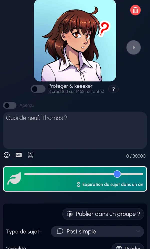 La création d’une publication sur Qwice : protection de l’image par keeexage et durée de vie du sujet (capture fournie par Qwice)