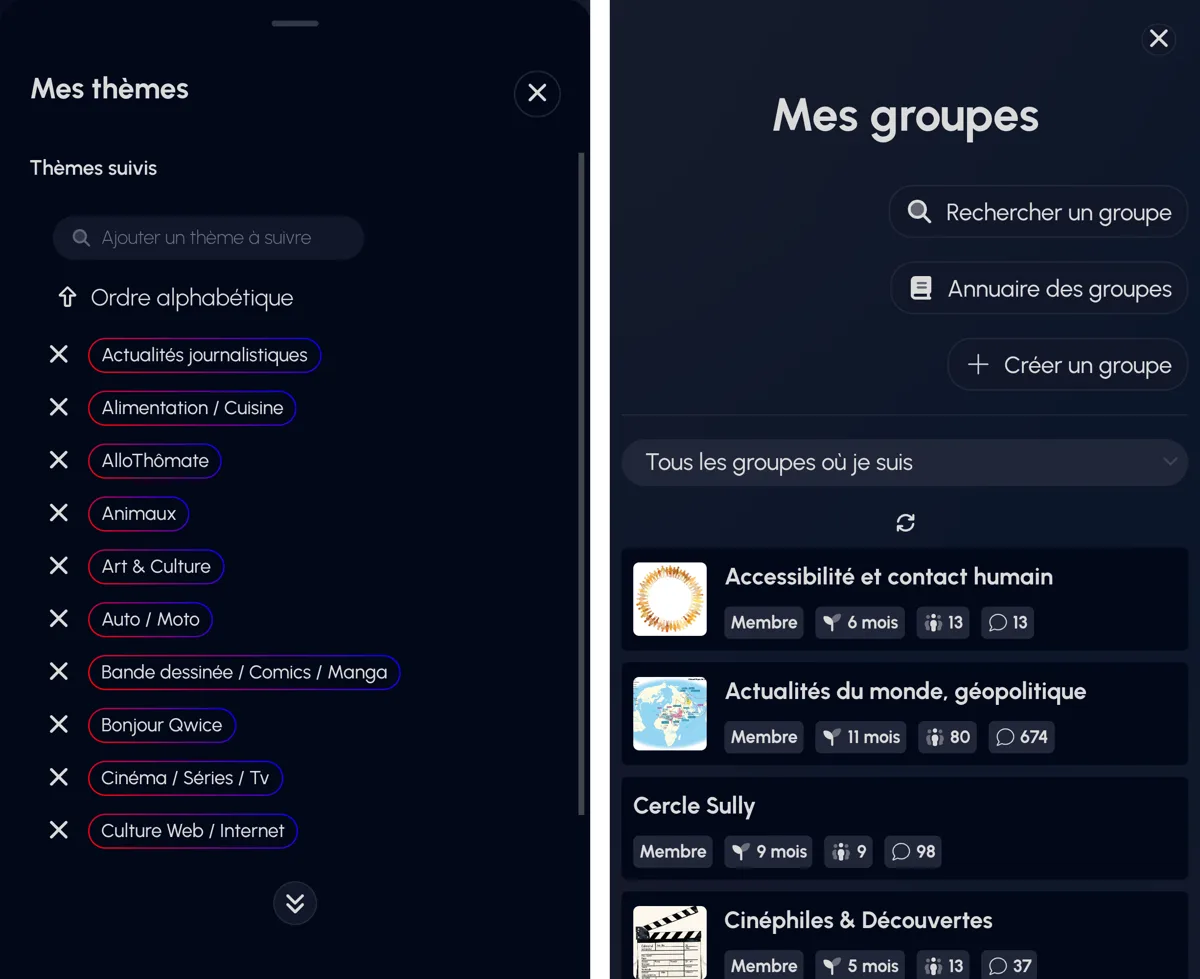 Le choix des thèmes suivis et la liste des groupes dans l’application Qwice (captures fournies par Qwice)